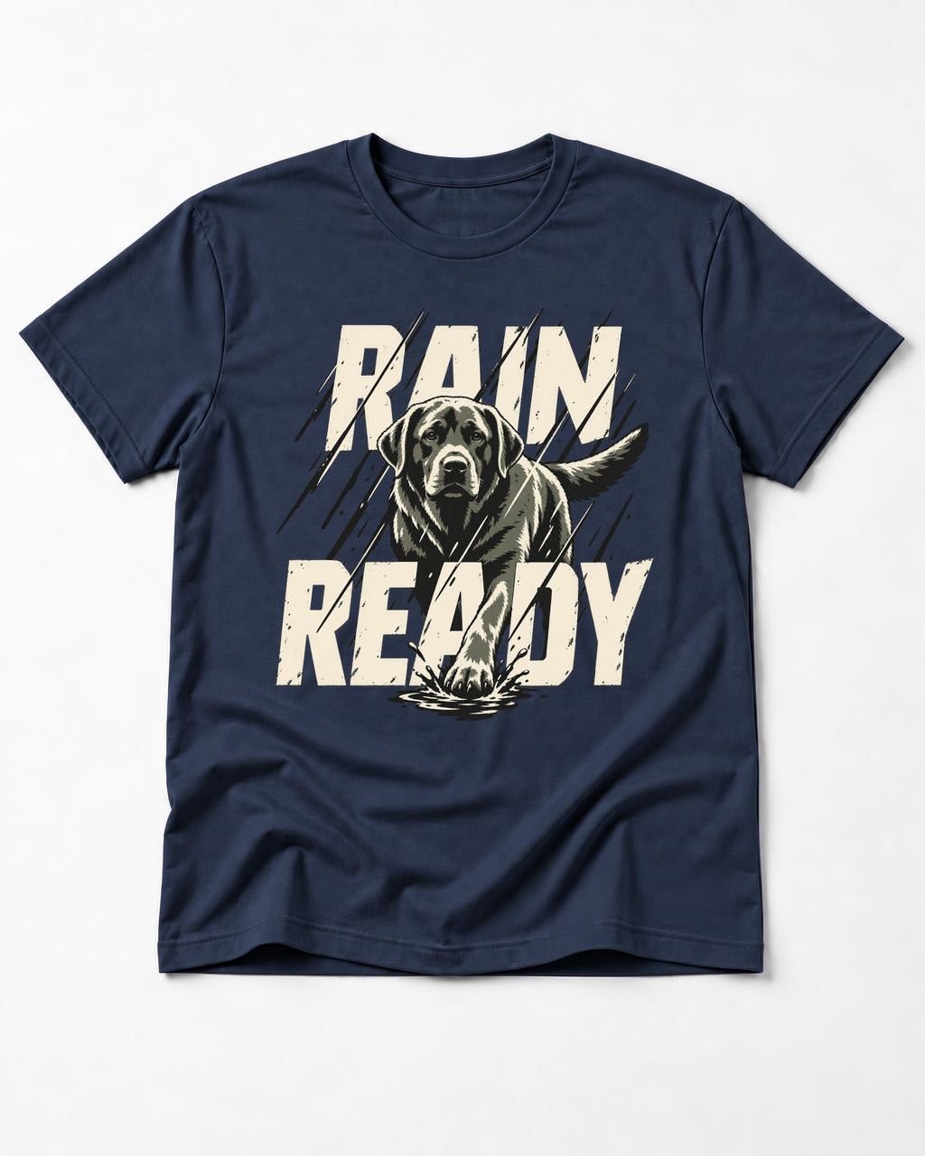 Labrador Retriever Rain Ready Charging Splash Graphic T-Shirt in Navy, flat lay product photo