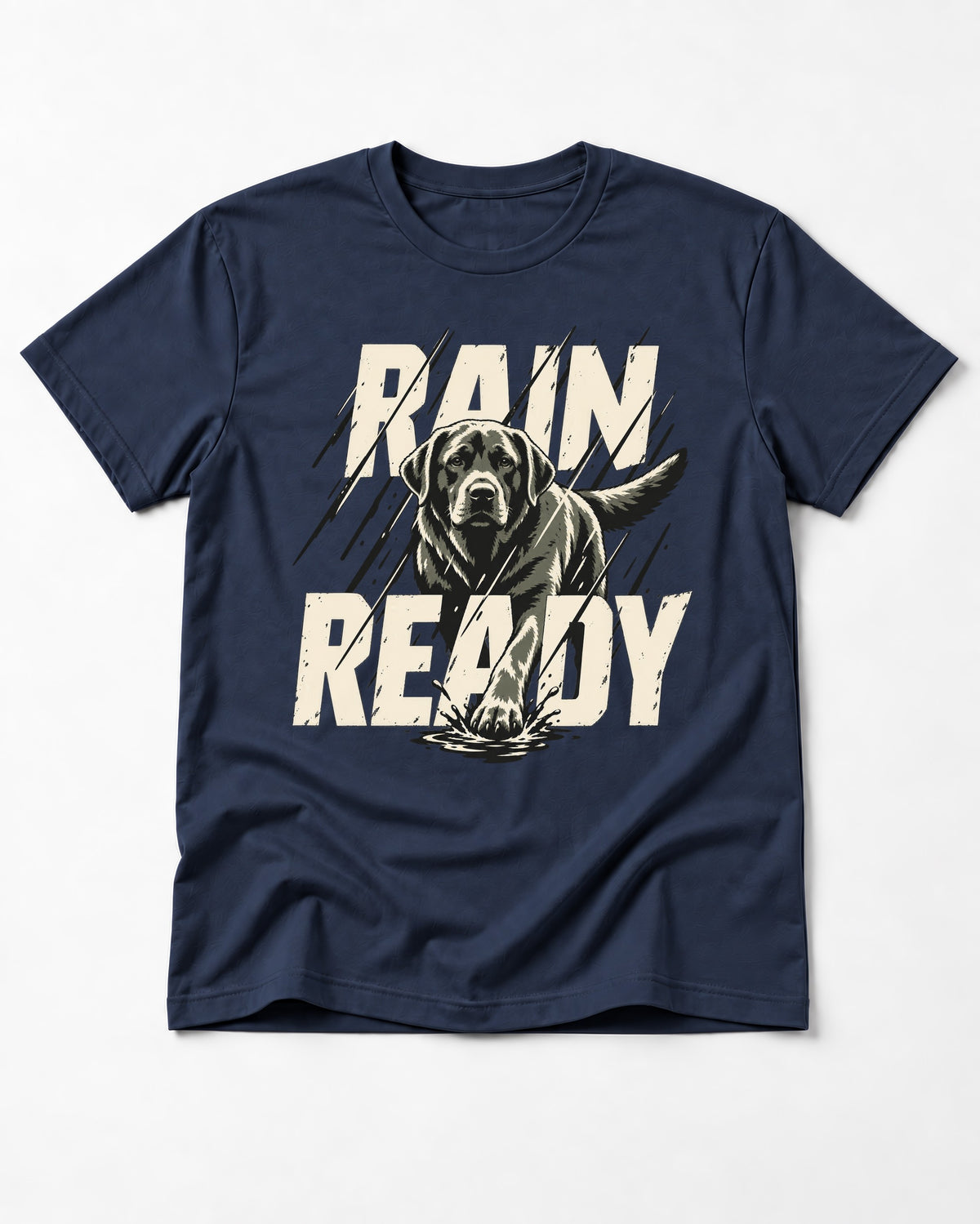 Labrador Retriever Rain Ready Charging Splash Graphic T-Shirt in Navy, flat lay product photo