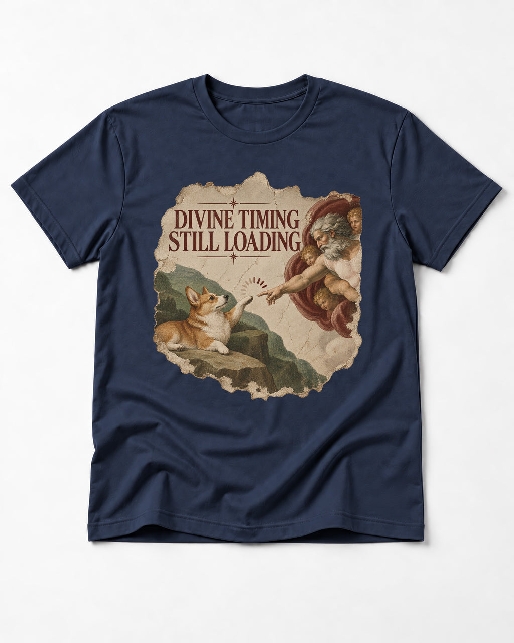 Corgi Divine Timing Still Loading Creation Parody T-Shirt in Navy, flat lay product photo