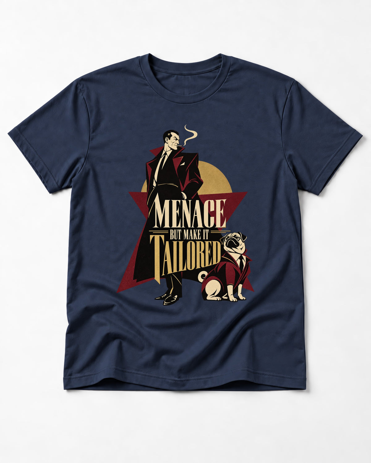Pug Menace But Make It Tailored Graphic T-Shirt in Navy, flat lay product photo