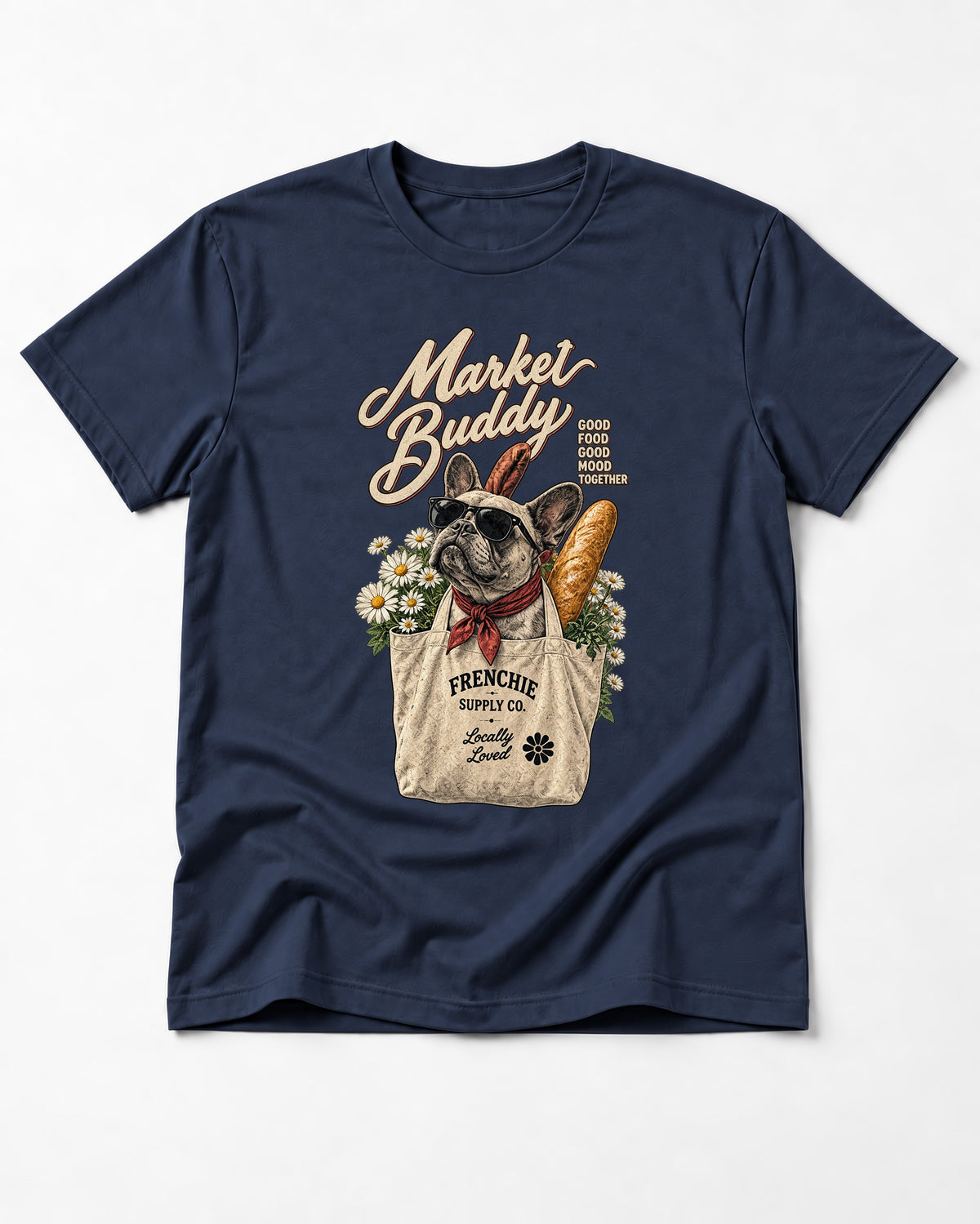 Frenchie Market Buddy Grocery Tote Graphic T-Shirt in Navy, flat lay product photo