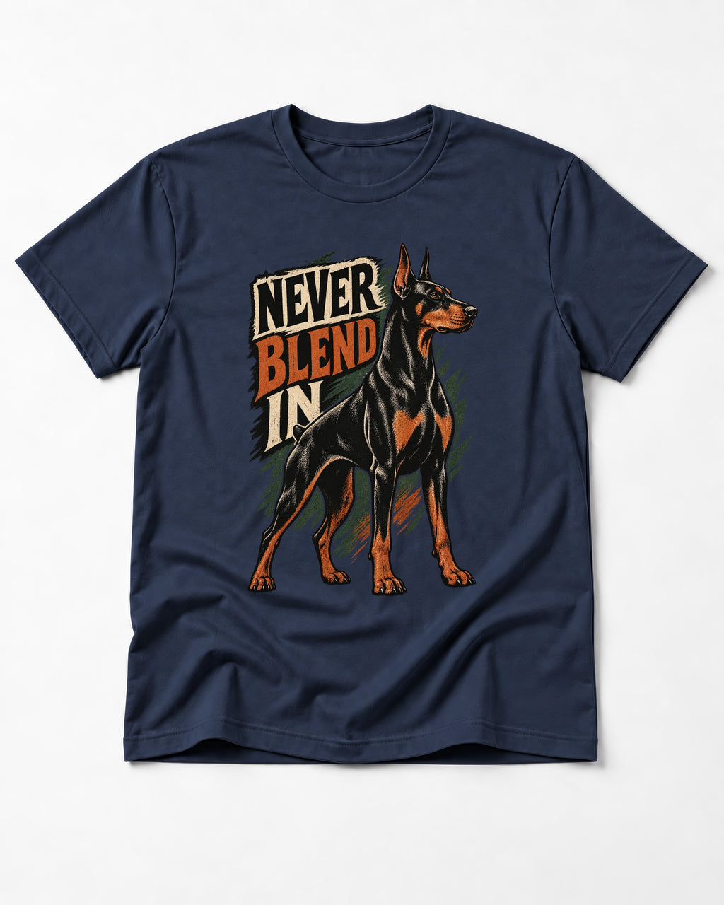 Doberman Never Blend In Brush Graphic T-Shirt in Navy, flat lay product photo