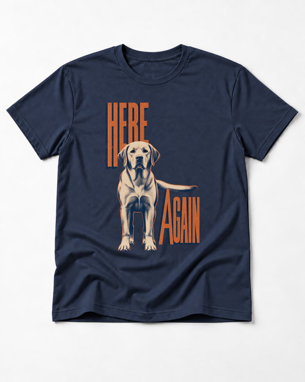 Labrador Retriever Here Again Standing Typography Graphic T-Shirt in Navy, flat lay product photo