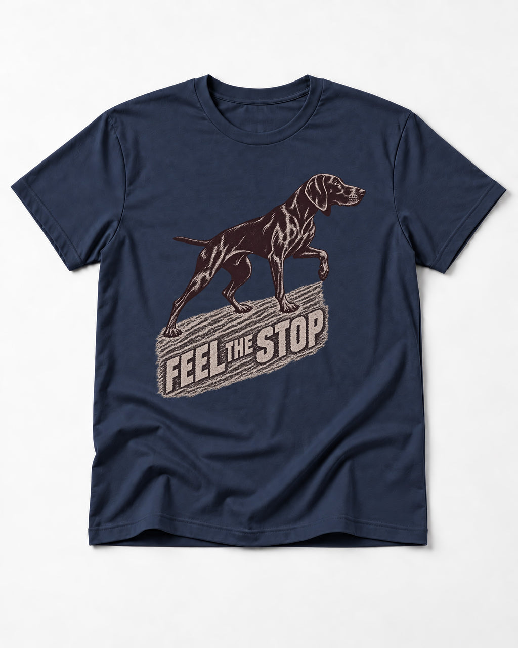 German Shorthaired Pointer Feel The Stop Frottage Graphic T-Shirt in Navy, flat lay product photo