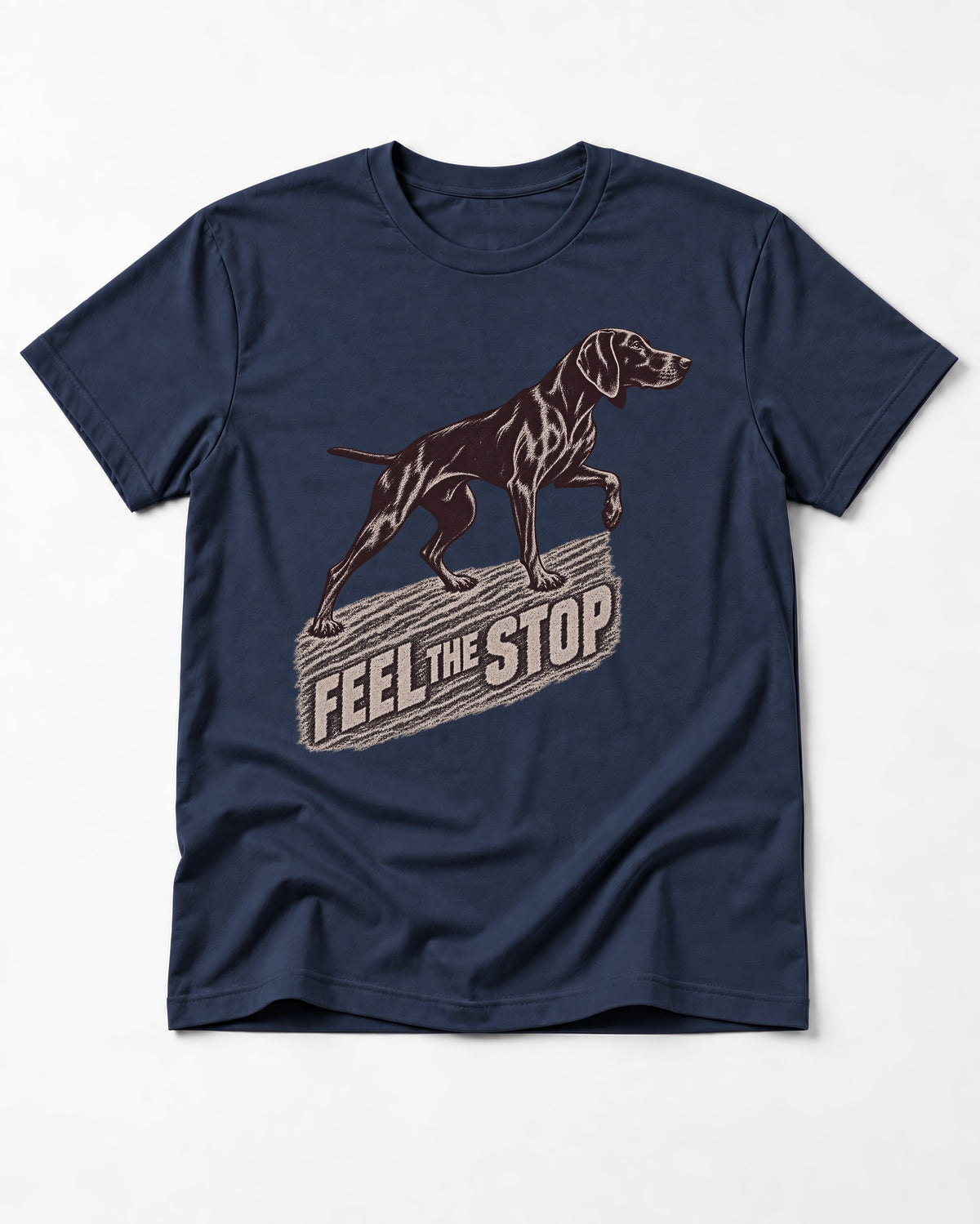 German Shorthaired Pointer Feel The Stop Frottage Graphic T-Shirt in Navy, flat lay product photo