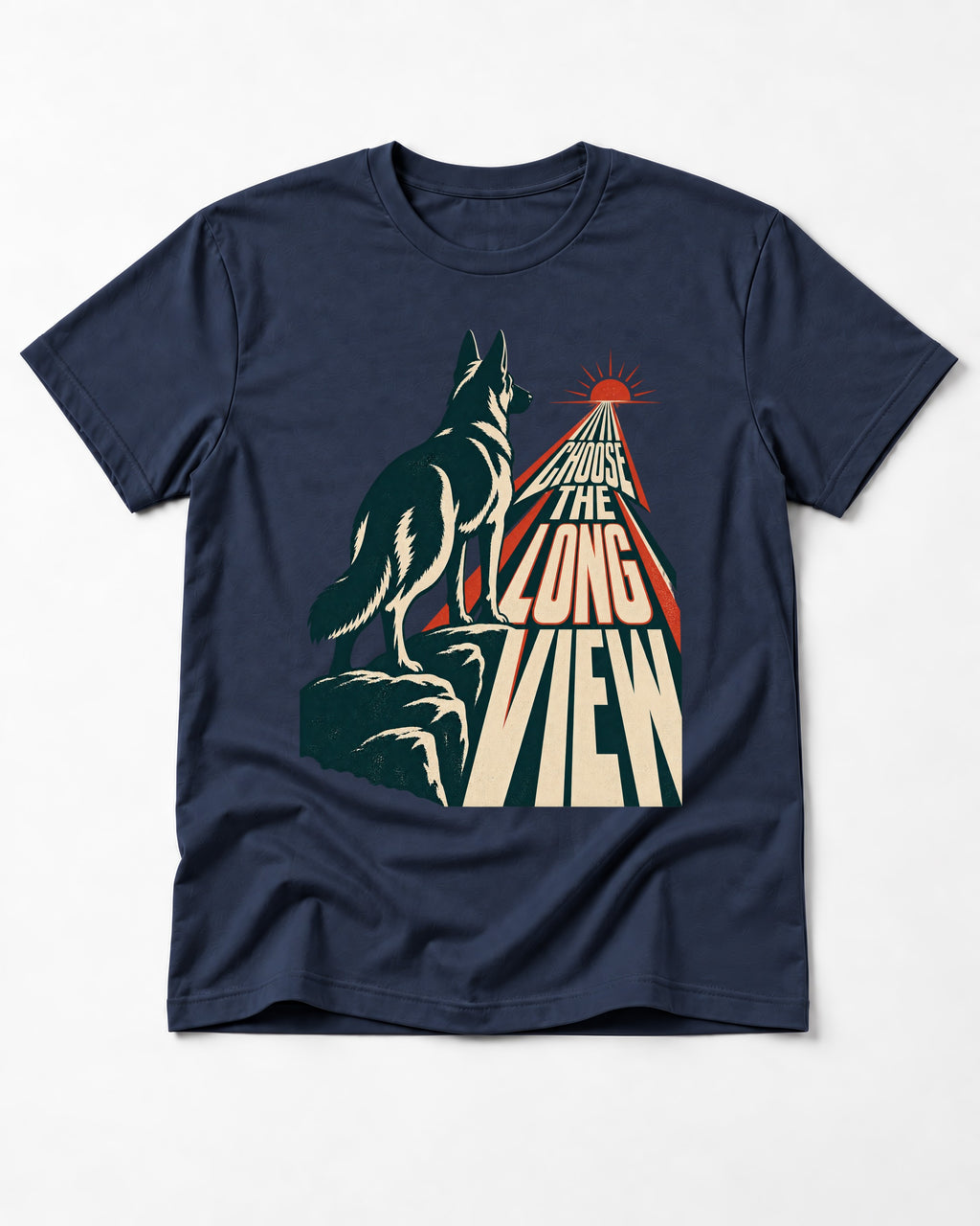 Choose the Long View Sunrise German Shepherd Dog Graphic T-Shirt in Navy, flat lay product photo