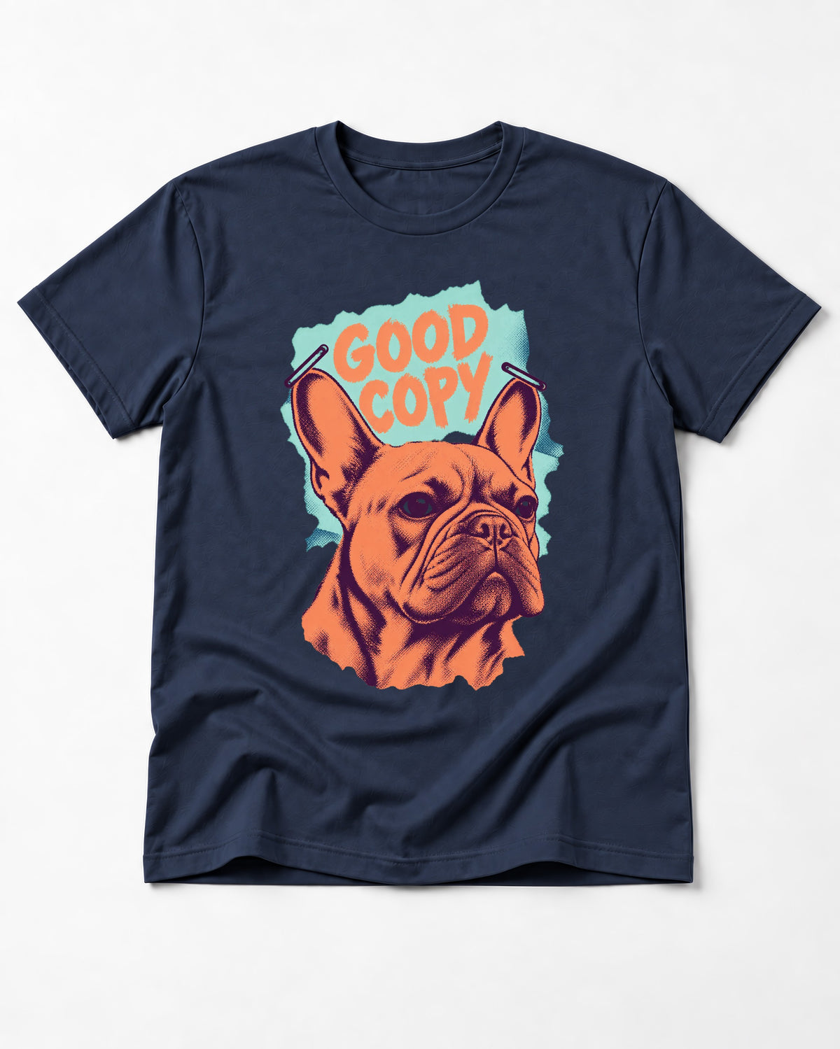 Frenchie Good Copy Stapled Zine Graphic T-Shirt in Navy, flat lay product photo