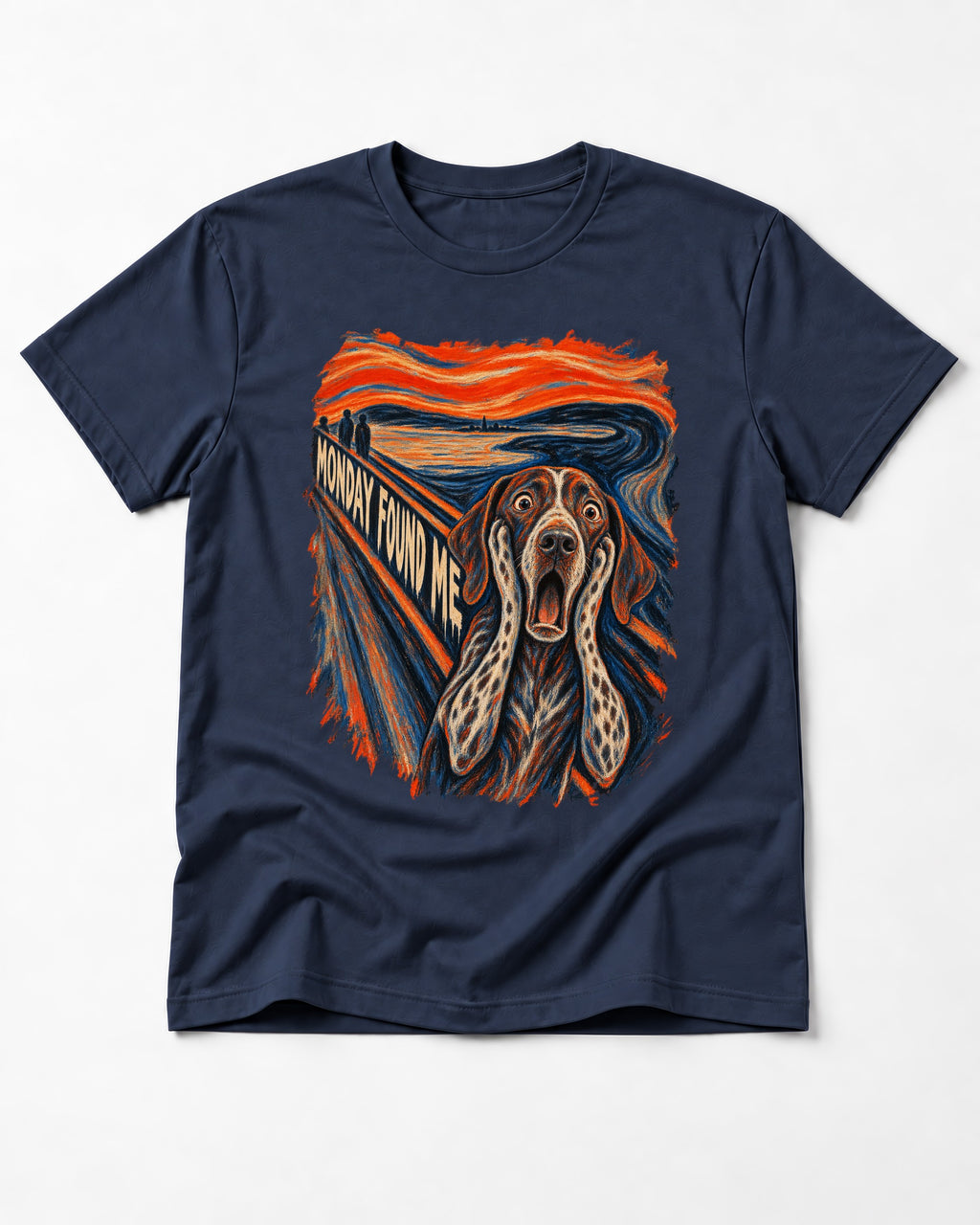 German Shorthaired Pointer Monday Found Me Scream Parody Graphic T-Shirt in Navy, flat lay product photo