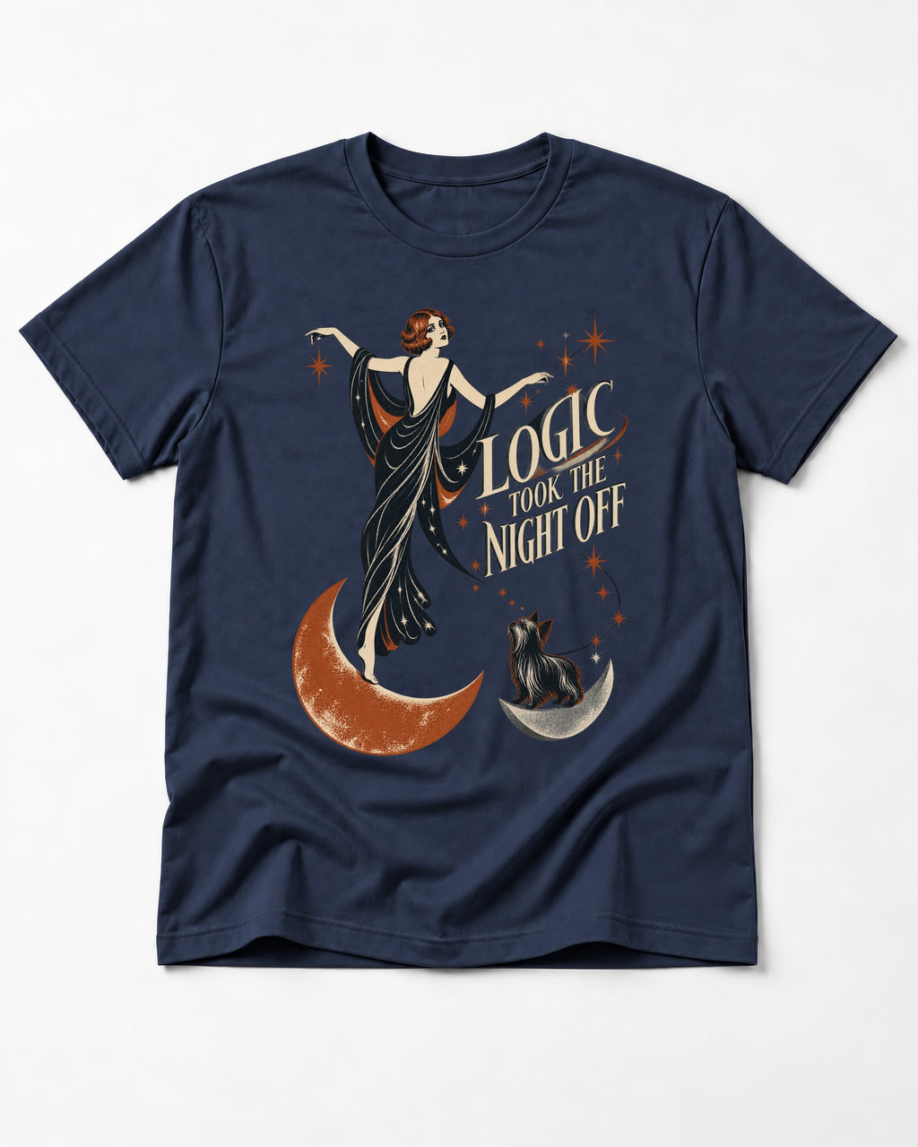 Yorkshire Terrier Logic Took the Night Off Art Deco Graphic T-Shirt in Navy, flat lay product photo