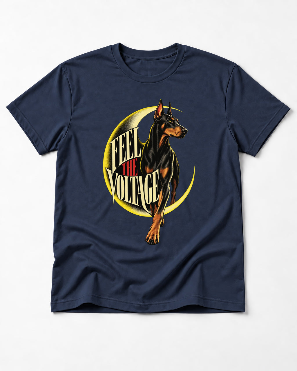 Doberman Feel the Voltage Crescent Portrait Graphic T-Shirt in Navy, flat lay product photo