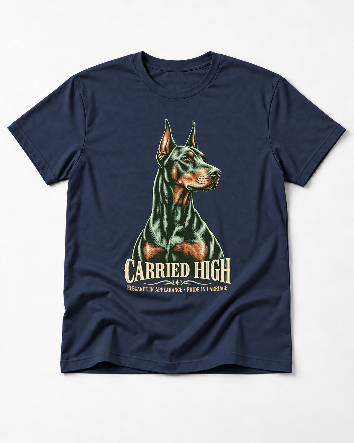 Doberman Carried High Portrait Graphic T-Shirt in Navy, flat lay product photo