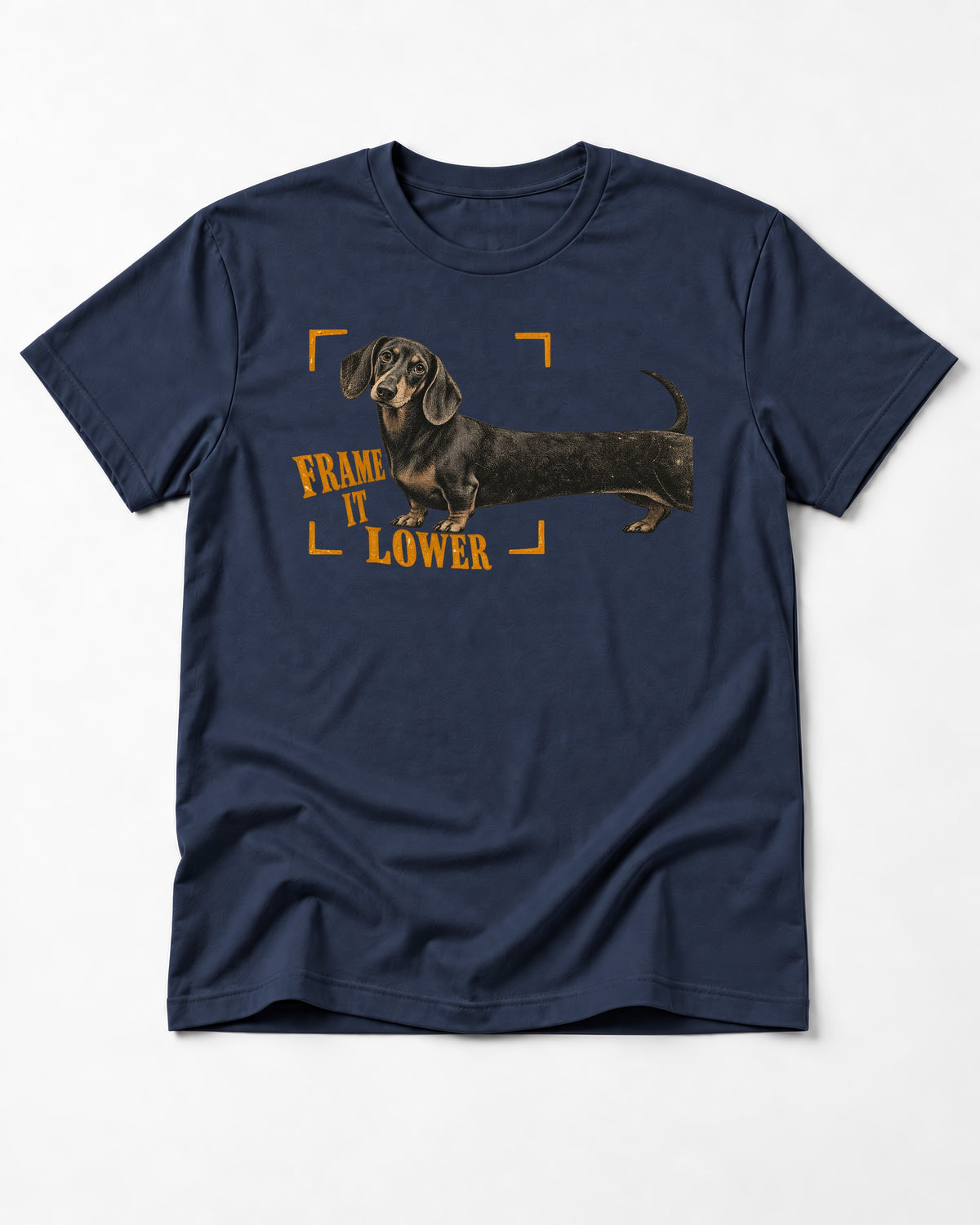 Dachshund Frame It Lower Viewfinder Graphic T-Shirt in Navy, flat lay product photo