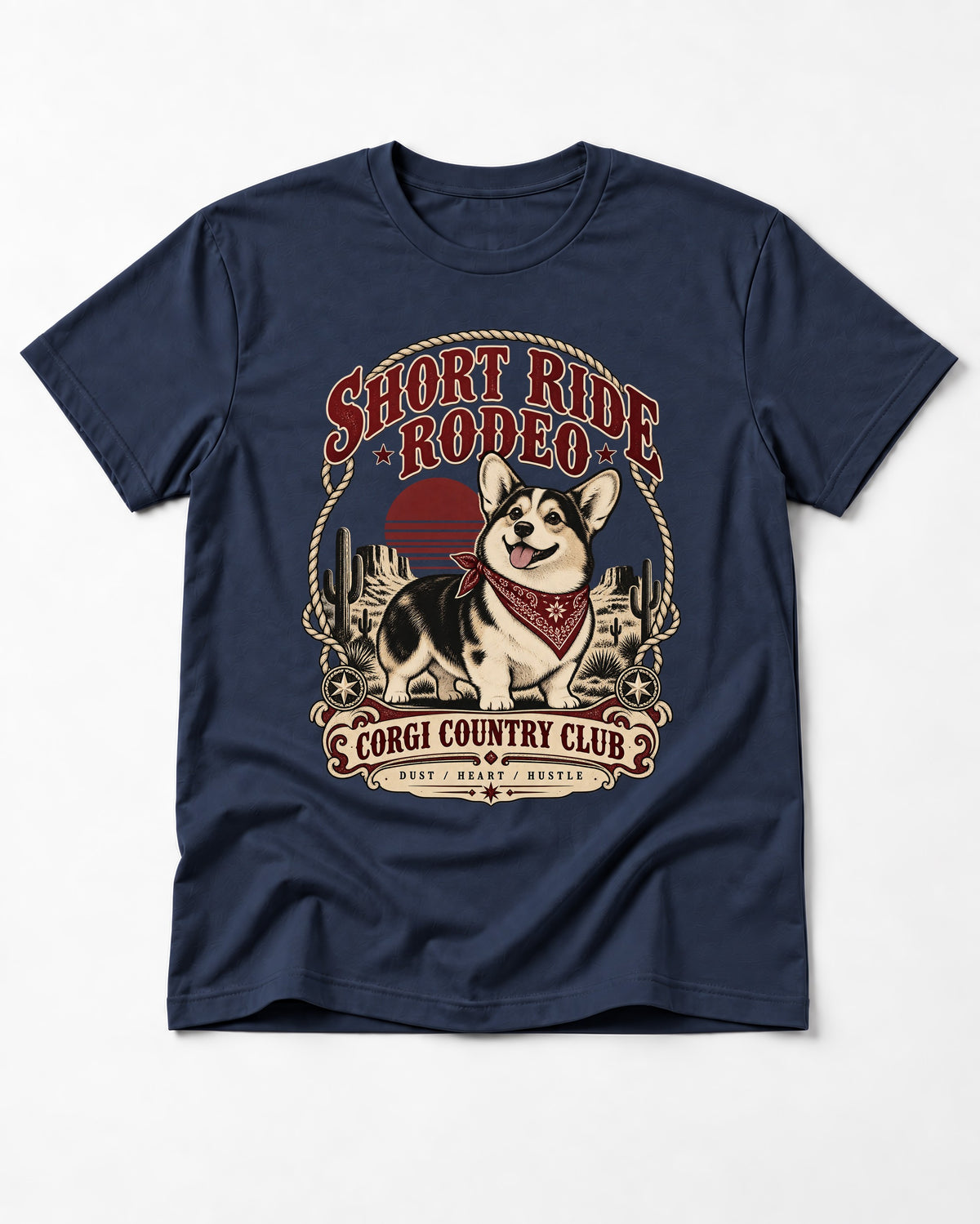 Corgi Short Ride Rodeo Country Club Badge T-Shirt in Navy, flat lay product photo