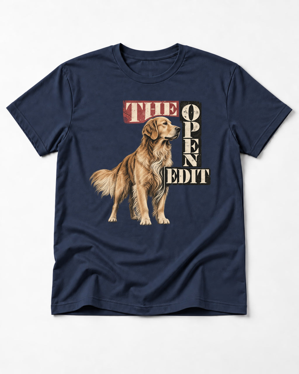 Golden Retriever The Open Edit Typography Portrait Graphic T-Shirt in Navy, flat lay product photo