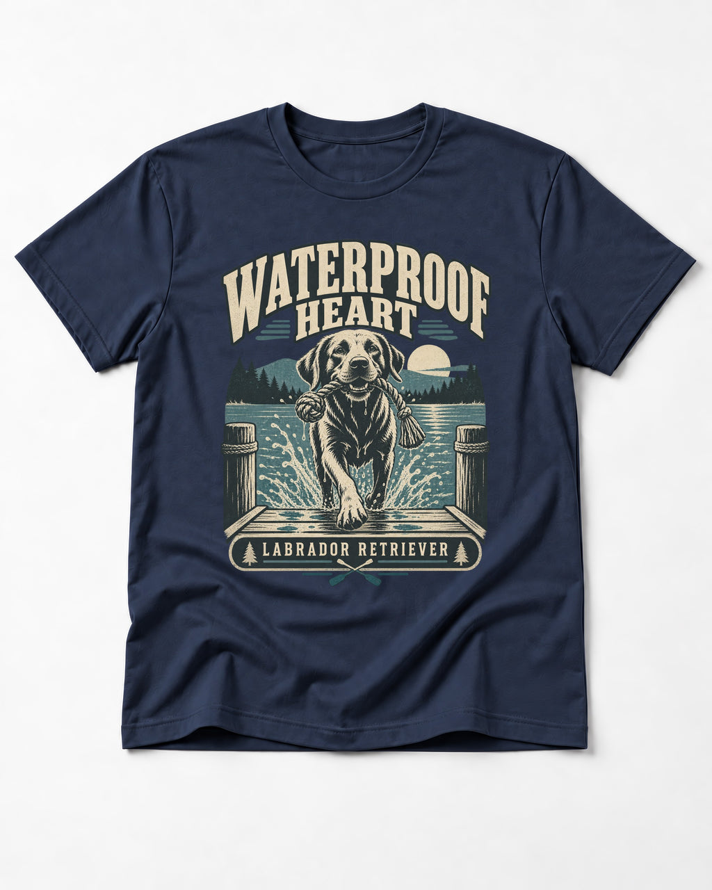 Labrador Retriever Waterproof Heart Lake Adventure Graphic T-Shirt in Navy, flat lay product photo