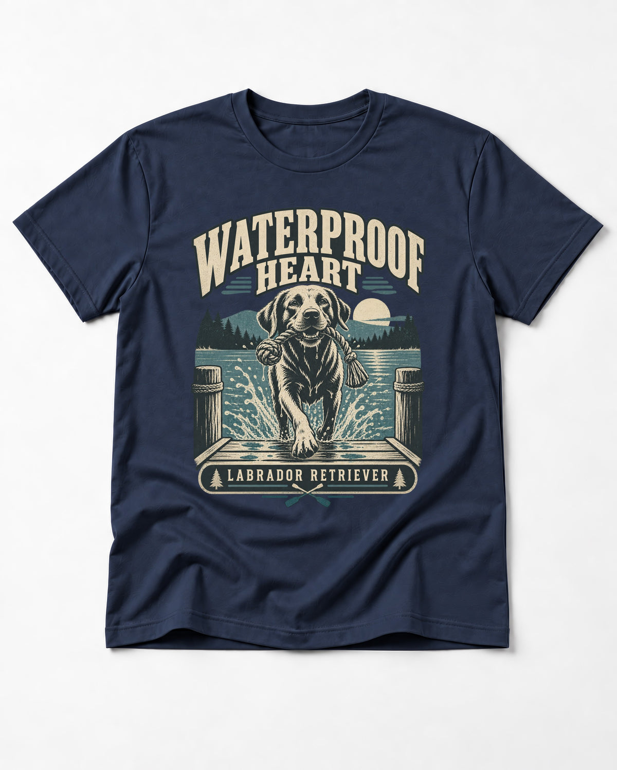Labrador Retriever Waterproof Heart Lake Adventure Graphic T-Shirt in Navy, flat lay product photo