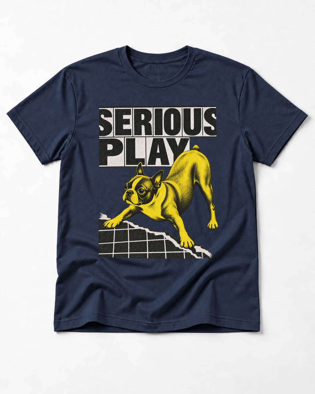 Boston Terrier Serious Play Agility Graphic T-Shirt in Navy, flat lay product photo