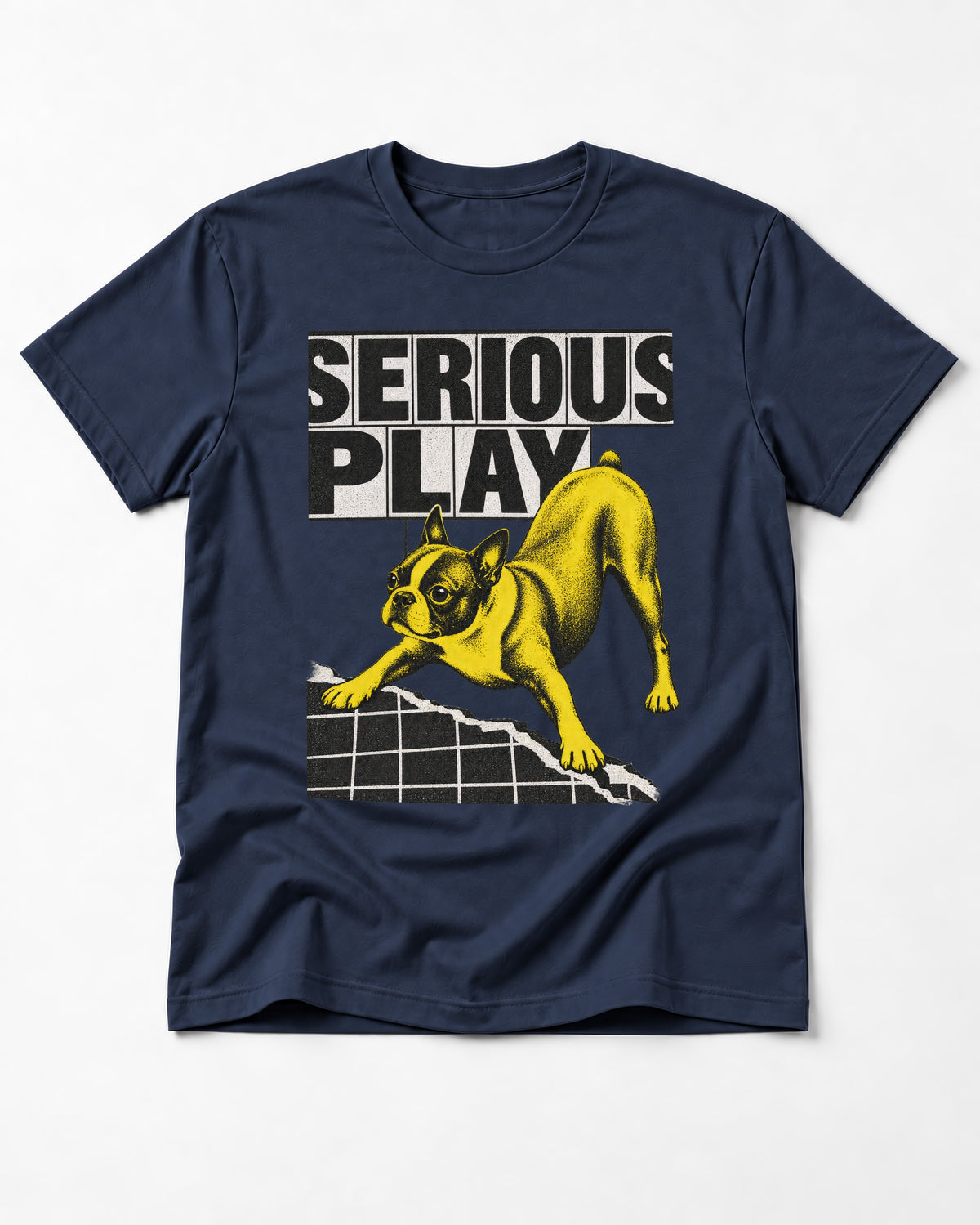 Boston Terrier Serious Play Agility Graphic T-Shirt in Navy, flat lay product photo