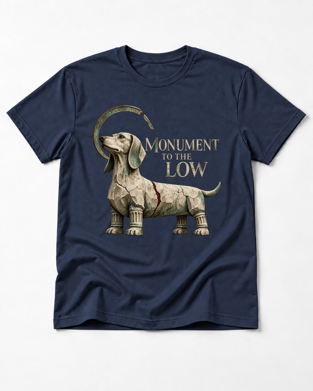 Dachshund Monument to the Low Stone Statue Graphic T-Shirt in Navy, flat lay product photo