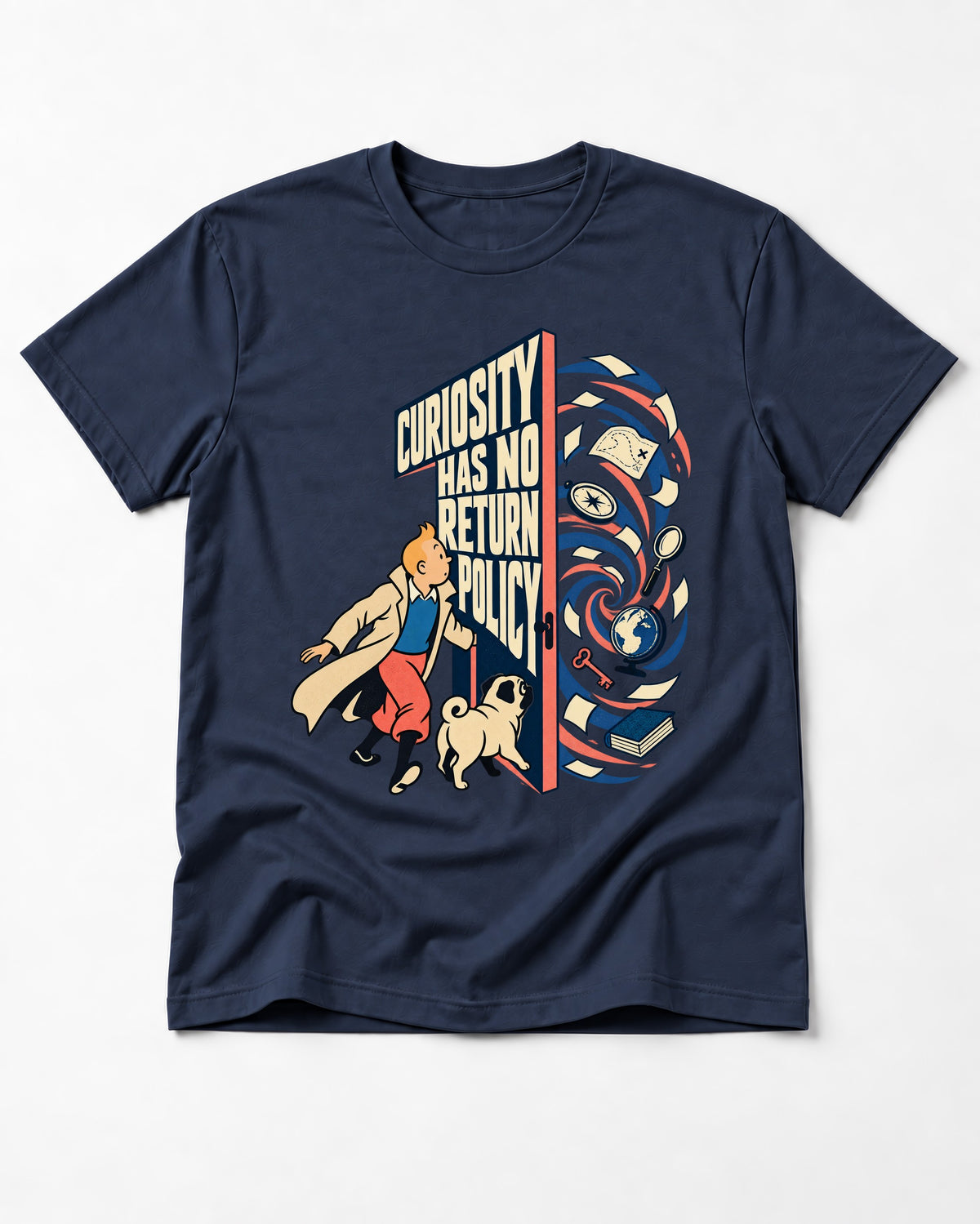 Pug Curiosity Has No Return Policy Portal Graphic T-Shirt in Navy, flat lay product photo