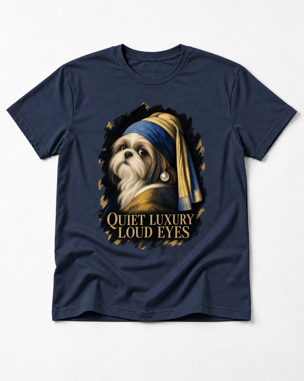 Shih Tzu Quiet Luxury Loud Eyes Pearl Portrait Graphic T-Shirt in Navy, flat lay product photo