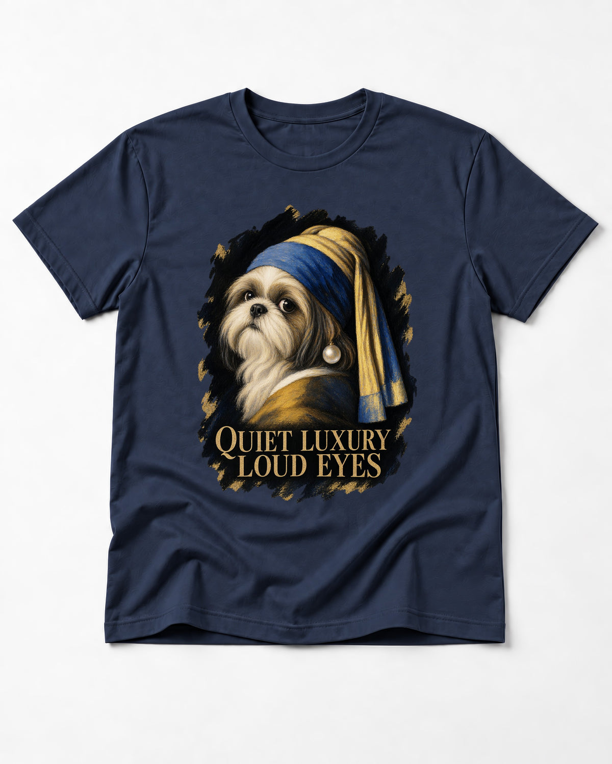 Shih Tzu Quiet Luxury Loud Eyes Pearl Portrait Graphic T-Shirt in Navy, flat lay product photo