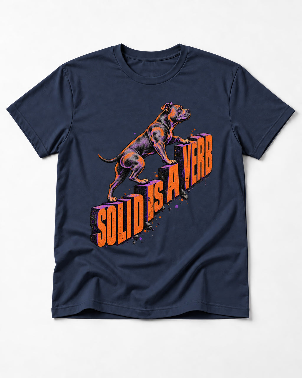 Pitbull Solid Is a Verb Step Type Graphic T-Shirt in Navy, flat lay product photo
