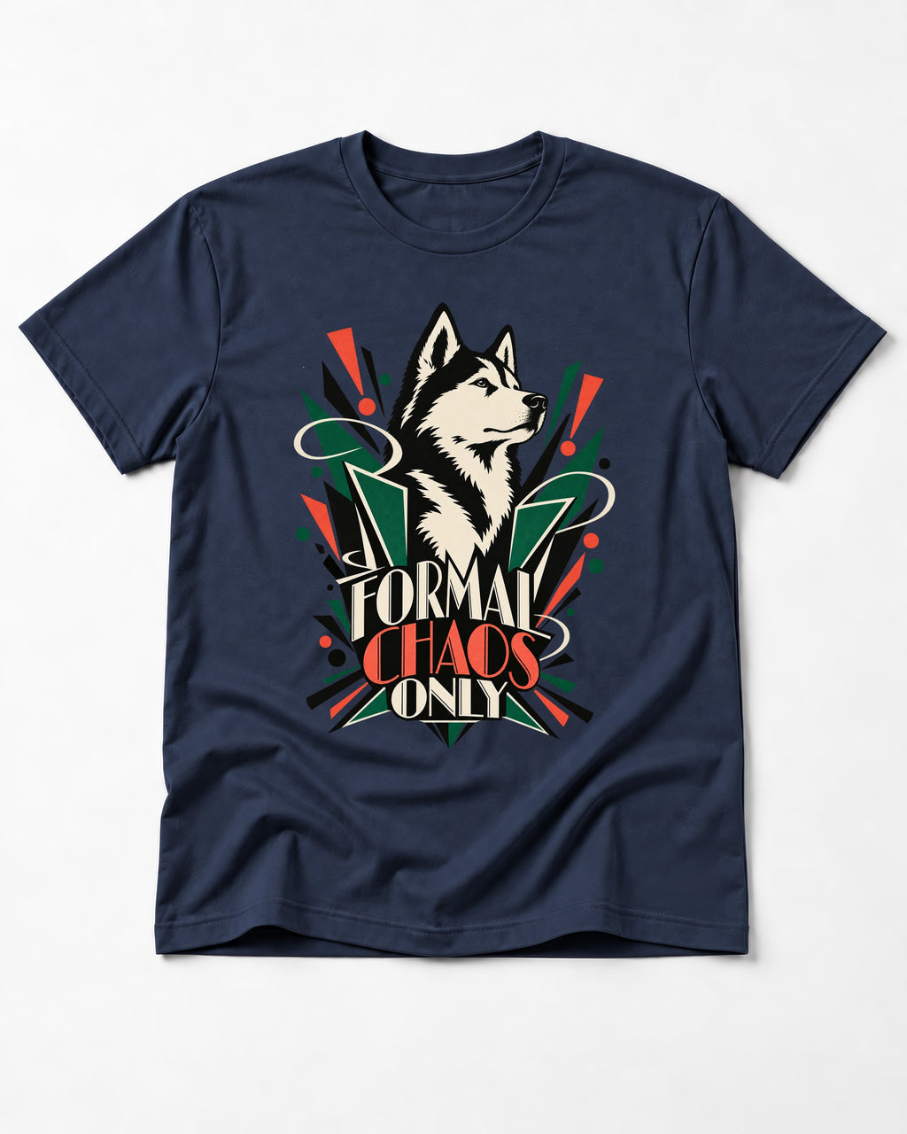Husky Formal Chaos Only Art Deco Portrait Graphic T-Shirt in Navy, flat lay product photo