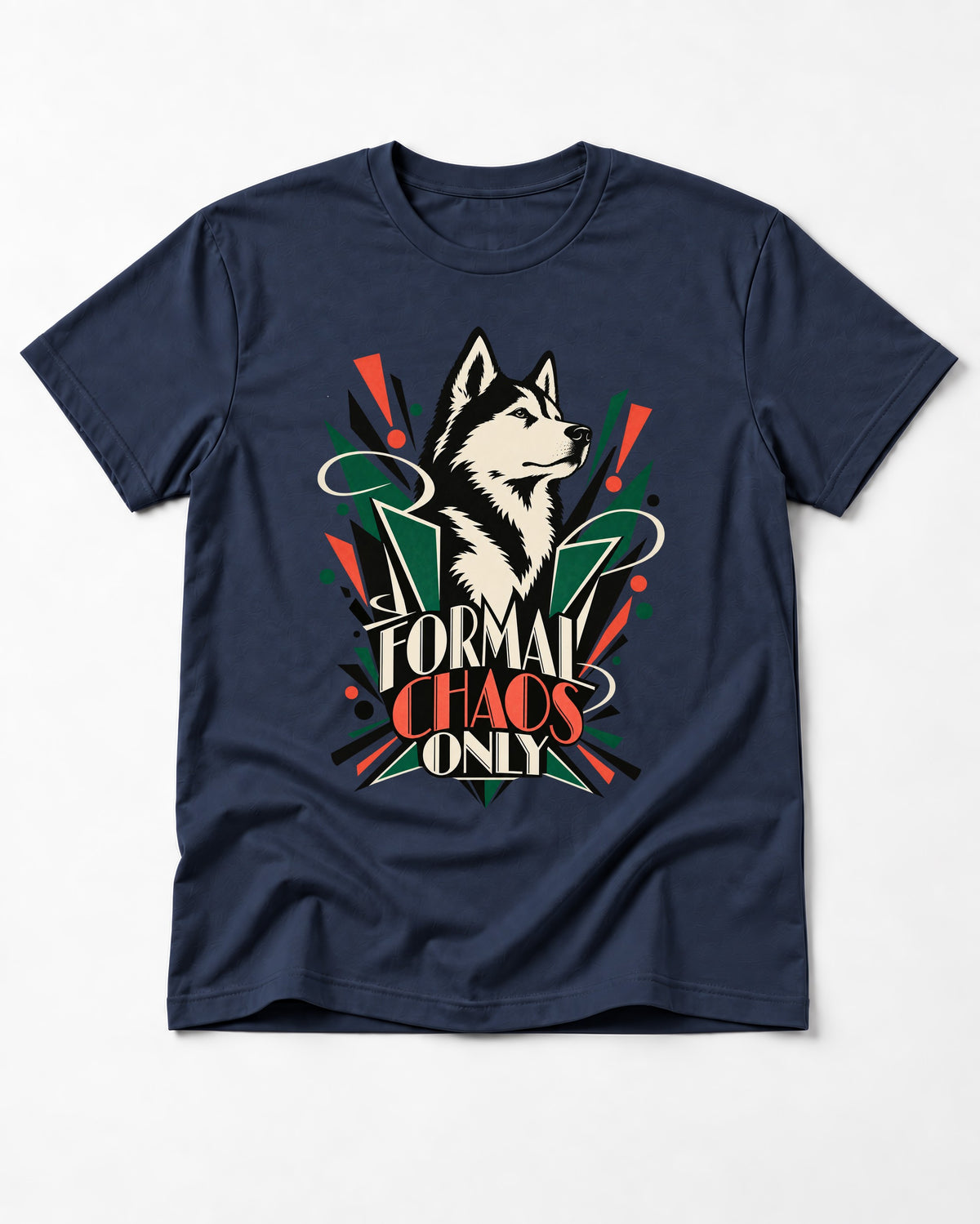 Husky Formal Chaos Only Art Deco Portrait Graphic T-Shirt in Navy, flat lay product photo
