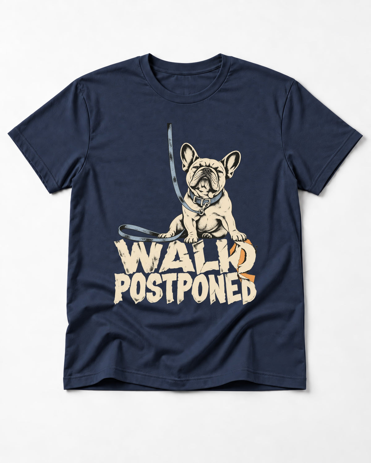 Frenchie Walk Postponed Leash Graphic T-Shirt in Navy, flat lay product photo