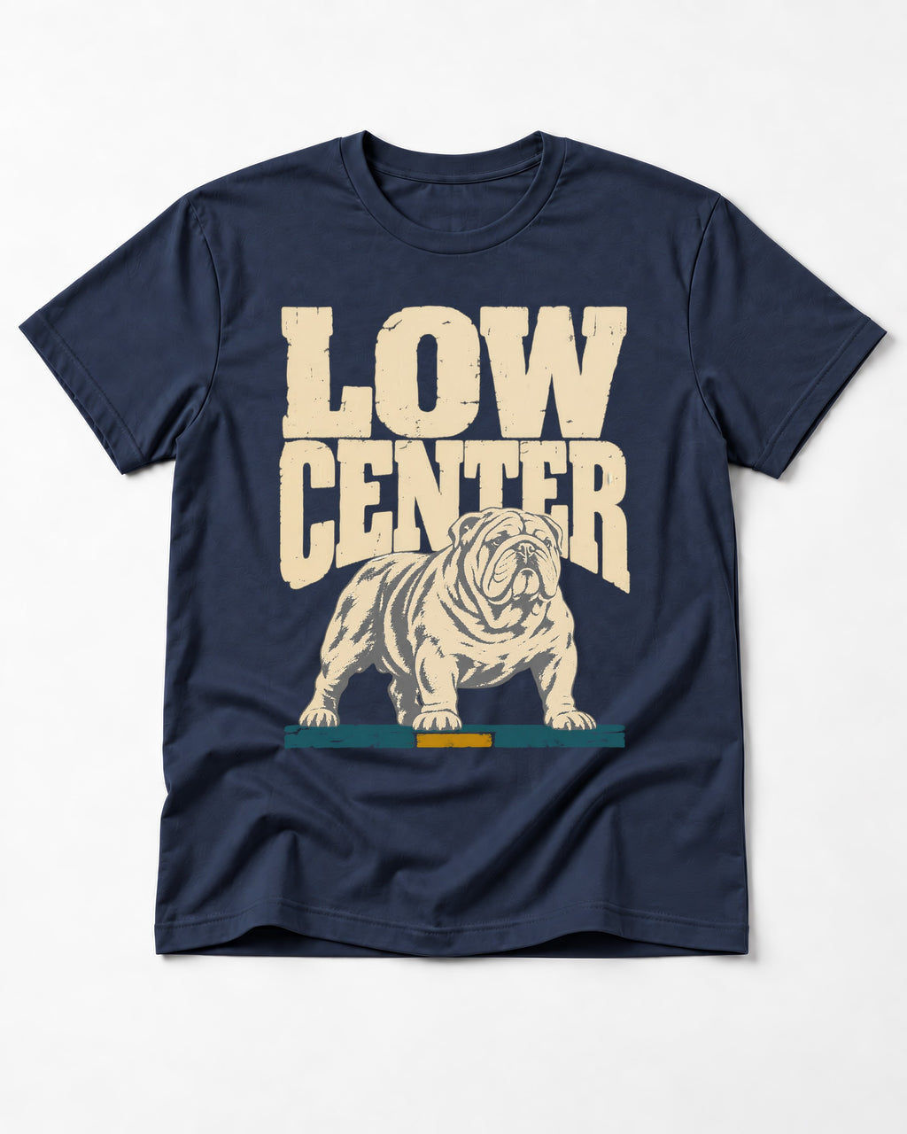 English Bulldog Low Center Stance Graphic T-Shirt in Navy, flat lay product photo