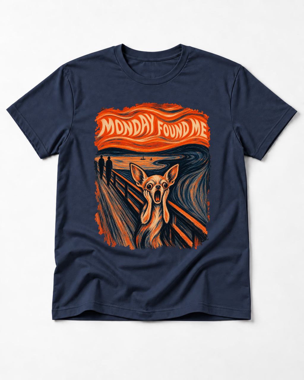 Monday Found Me Chihuahua Scream Banner T-Shirt in Navy, flat lay product photo