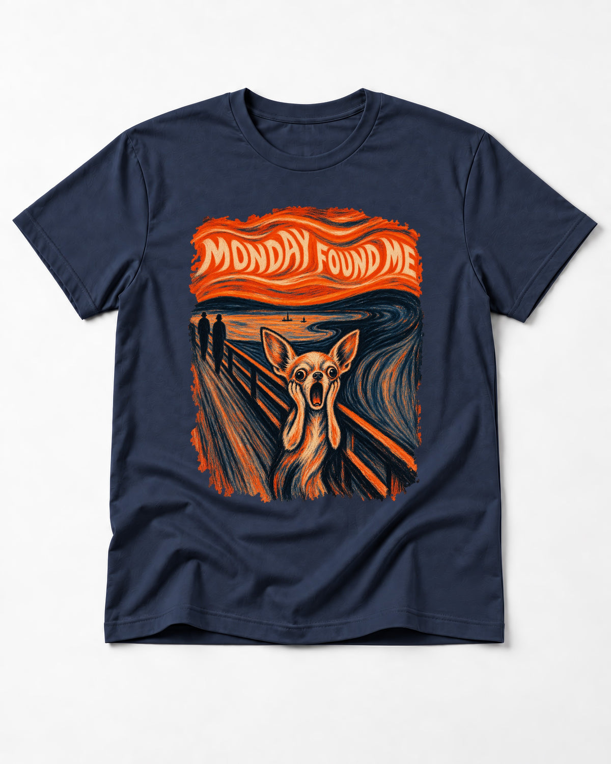 Monday Found Me Chihuahua Scream Banner T-Shirt in Navy, flat lay product photo