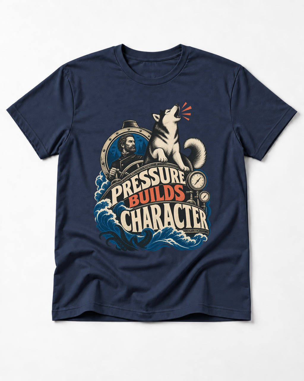 Husky Pressure Builds Character Deep Sea Graphic T-Shirt in Navy, flat lay product photo
