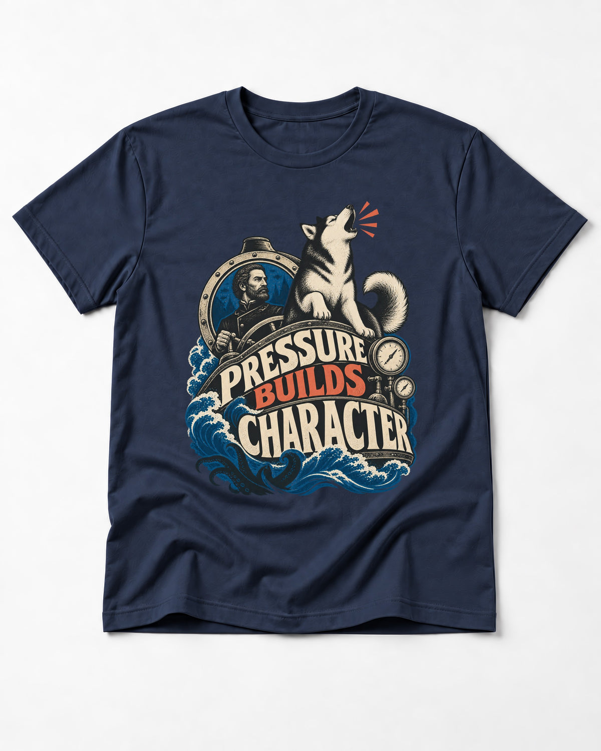 Husky Pressure Builds Character Deep Sea Graphic T-Shirt in Navy, flat lay product photo