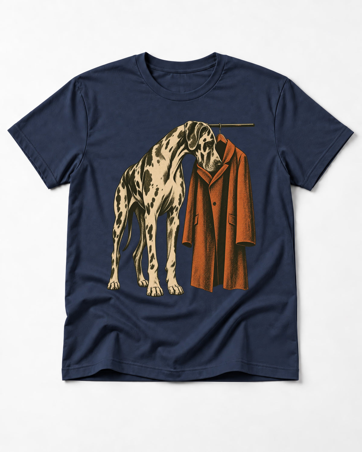 Great Dane Harlequin Coat Rack Overcoat Graphic T-Shirt in Navy, flat lay product photo