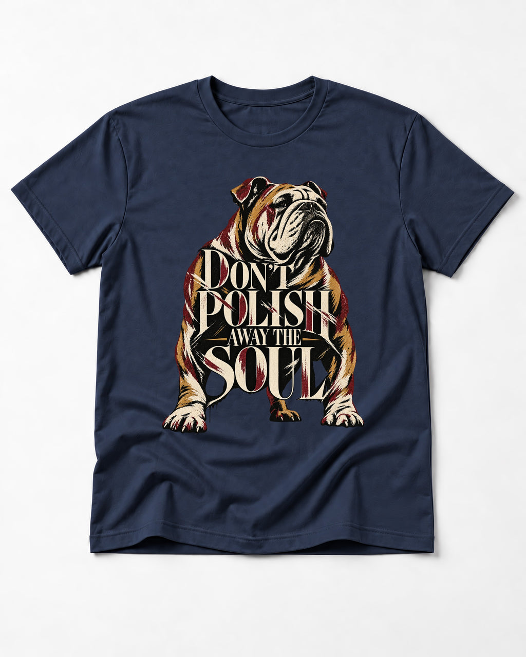 English Bulldog Don't Polish Away the Soul Typography Graphic T-Shirt in Navy, flat lay product photo