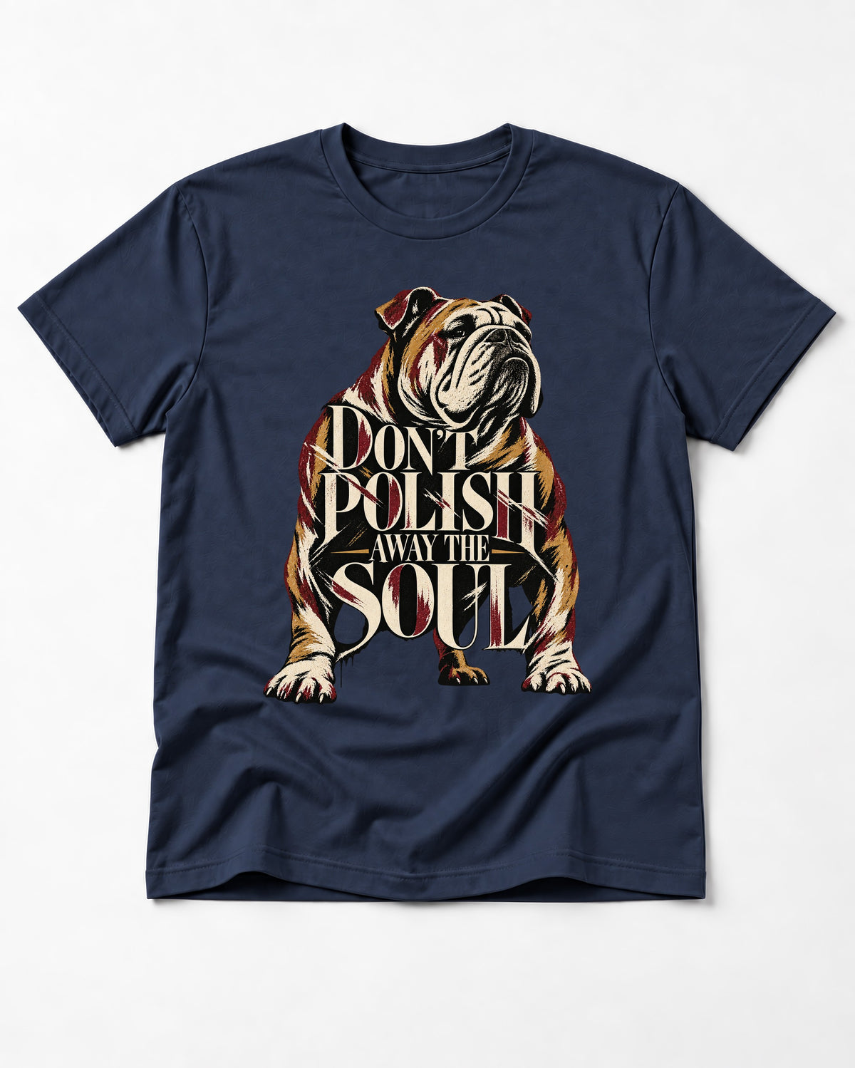 English Bulldog Don't Polish Away the Soul Typography Graphic T-Shirt in Navy, flat lay product photo