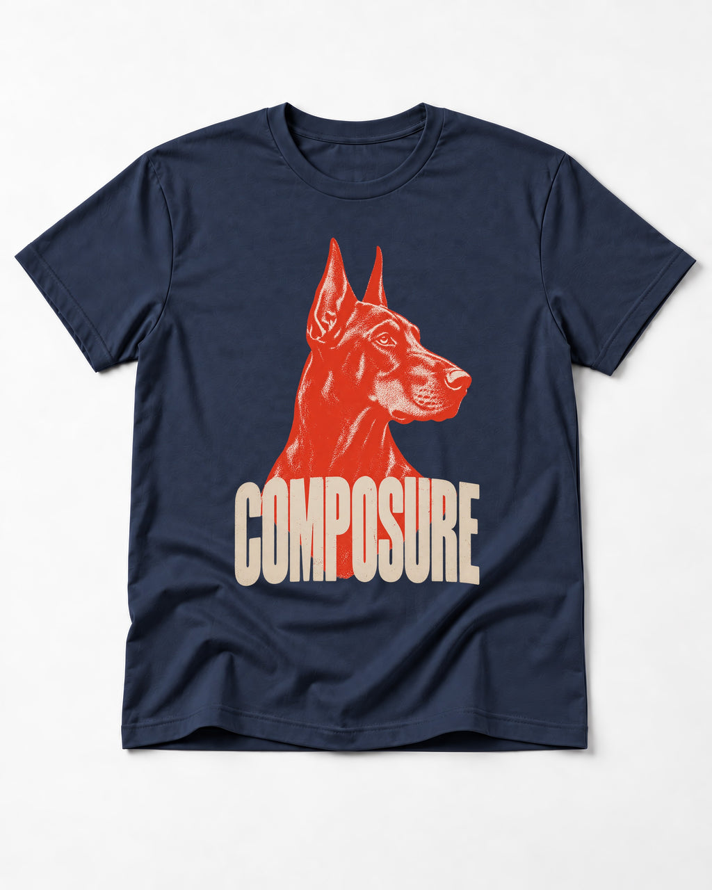 Doberman Composure Portrait Graphic T-Shirt in Navy, flat lay product photo