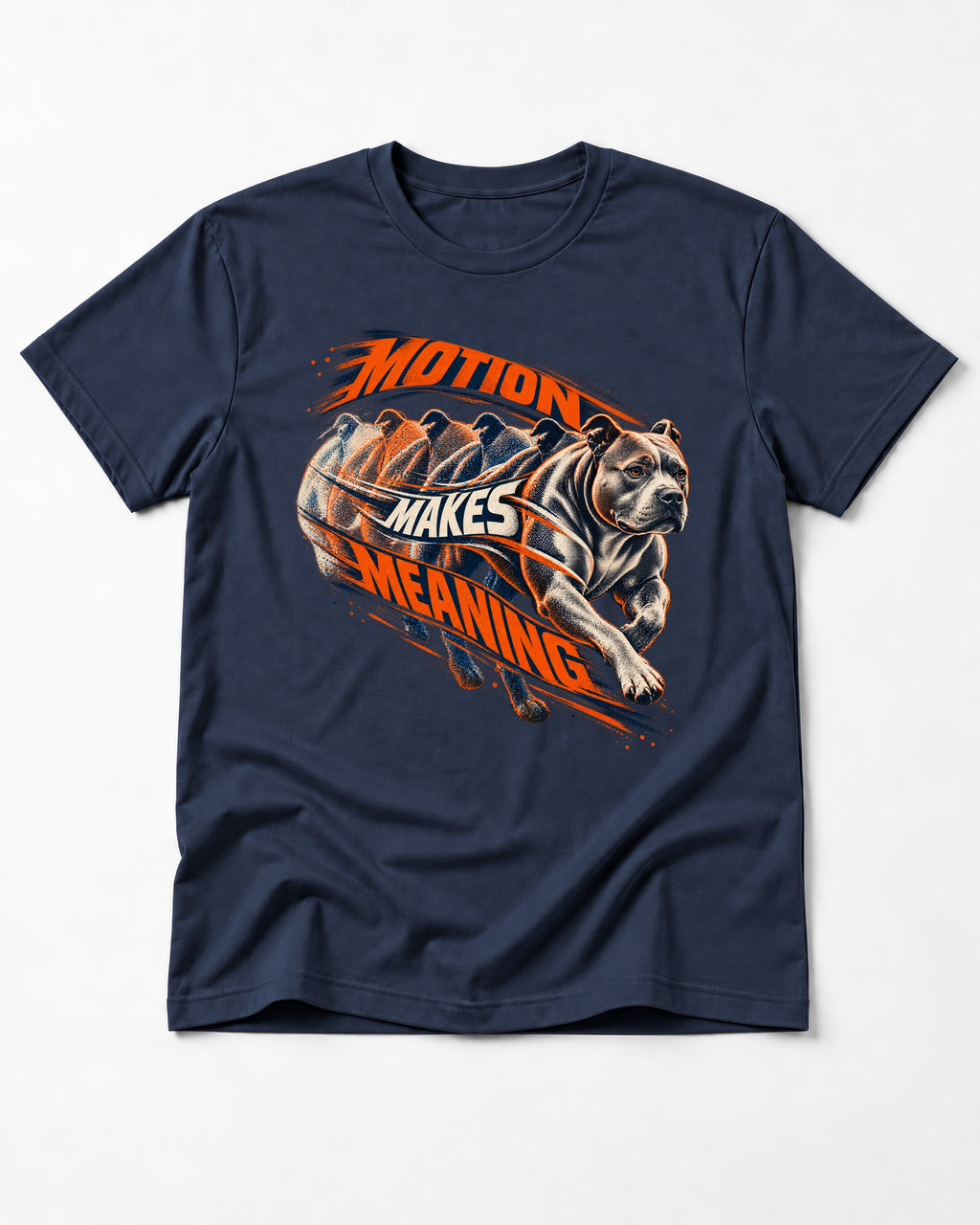 Pitbull Motion Makes Meaning Running Dog Graphic T-Shirt in Navy, flat lay product photo