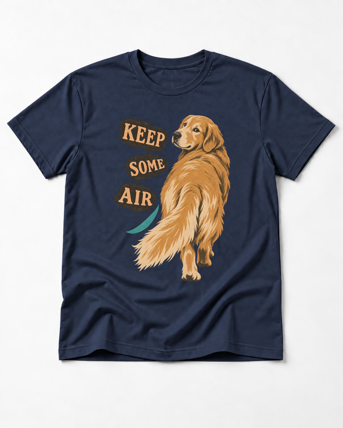 Golden Retriever Keep Some Air Looking Back Graphic T-Shirt in Navy, flat lay product photo