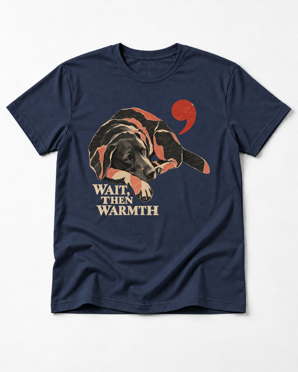 Labrador Retriever Wait Then Warmth Blanket Pause Graphic T-Shirt in Navy, flat lay product photo