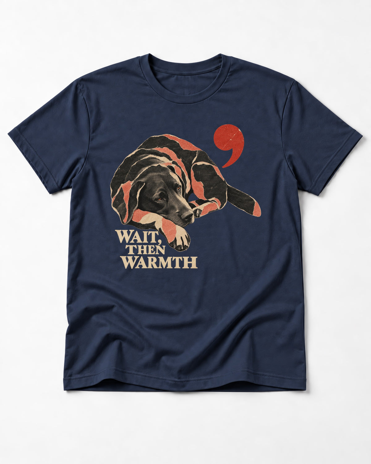 Labrador Retriever Wait Then Warmth Blanket Pause Graphic T-Shirt in Navy, flat lay product photo