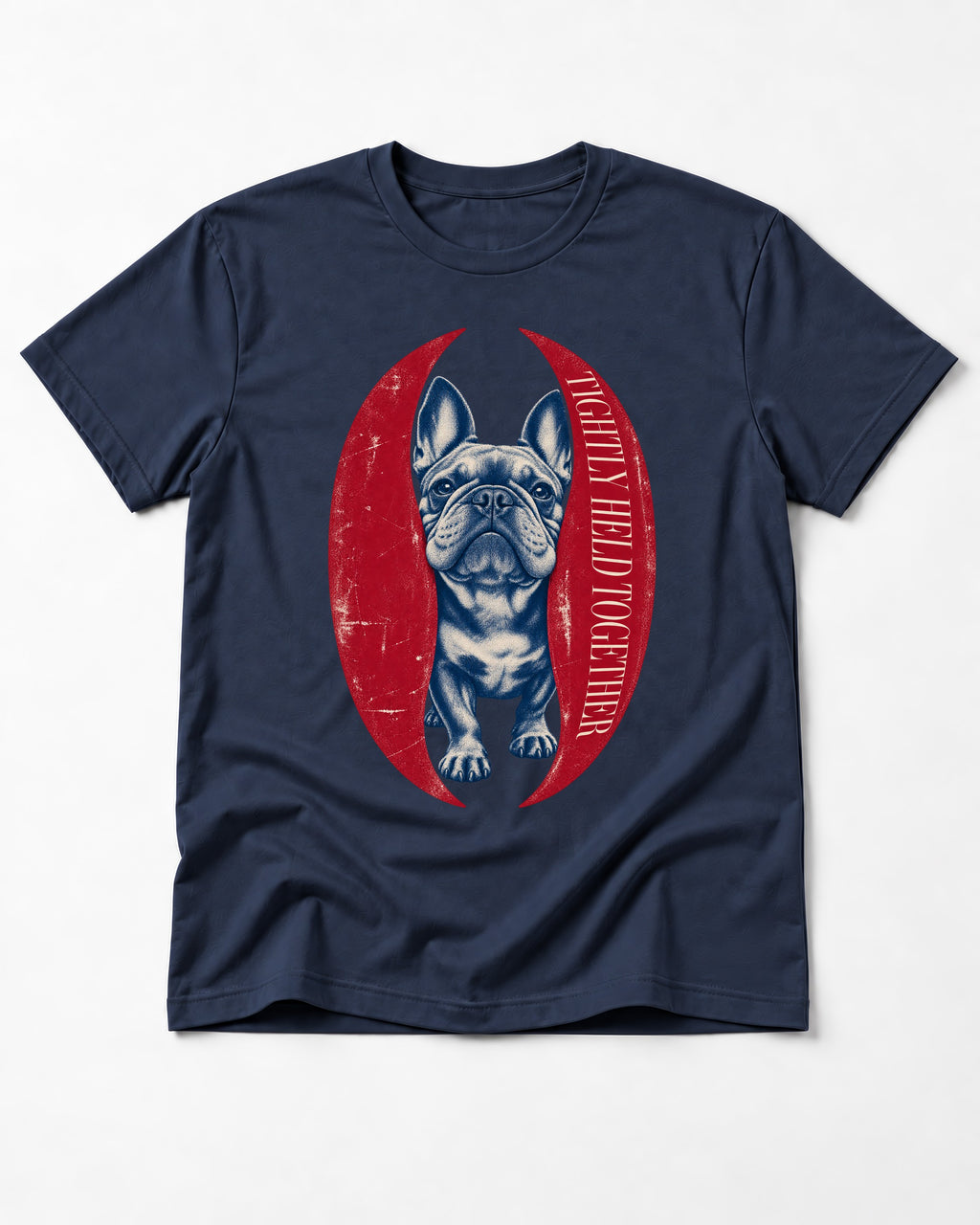 Frenchie Tightly Held Together Red Oval Graphic T-Shirt in Navy, flat lay product photo