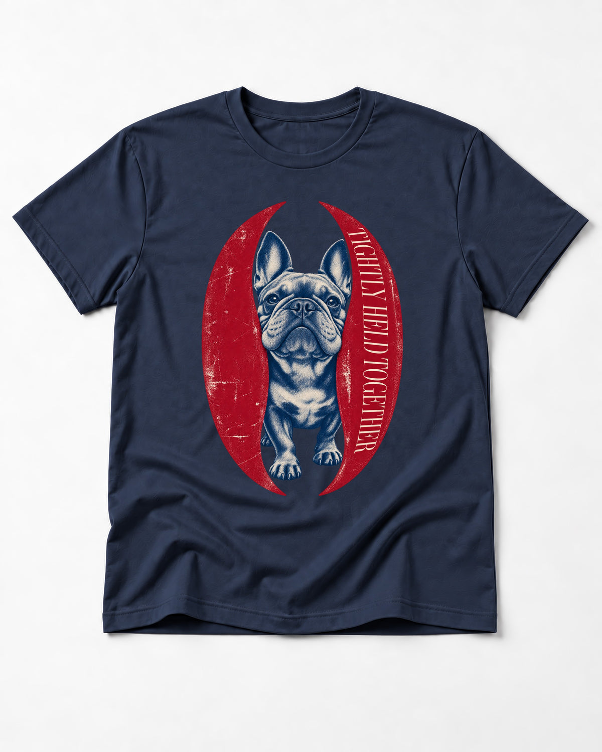Frenchie Tightly Held Together Red Oval Graphic T-Shirt in Navy, flat lay product photo