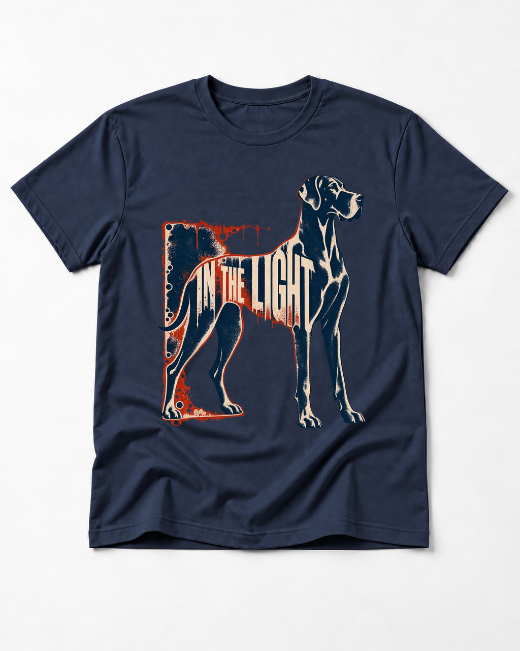 Great Dane In the Light Industrial Frame Graphic T-Shirt in Navy, flat lay product photo