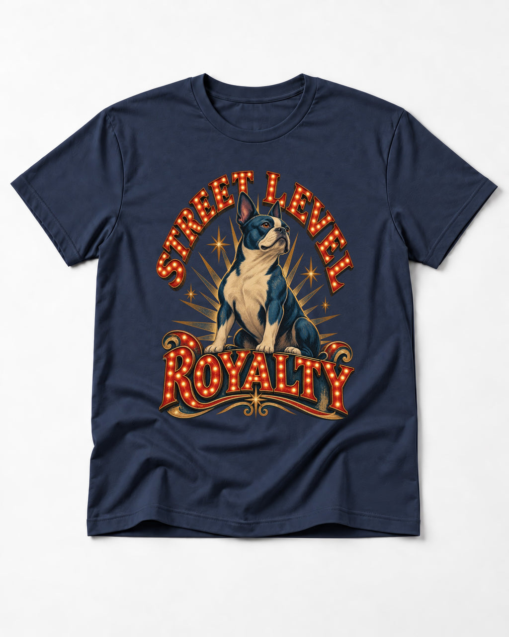 Street Level Royalty Boston Terrier T-Shirt in Navy, flat lay product photo