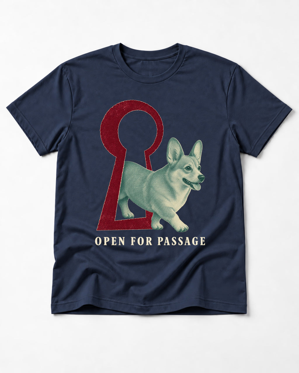 Corgi Open for Passage Keyhole Graphic T-Shirt in Navy, flat lay product photo