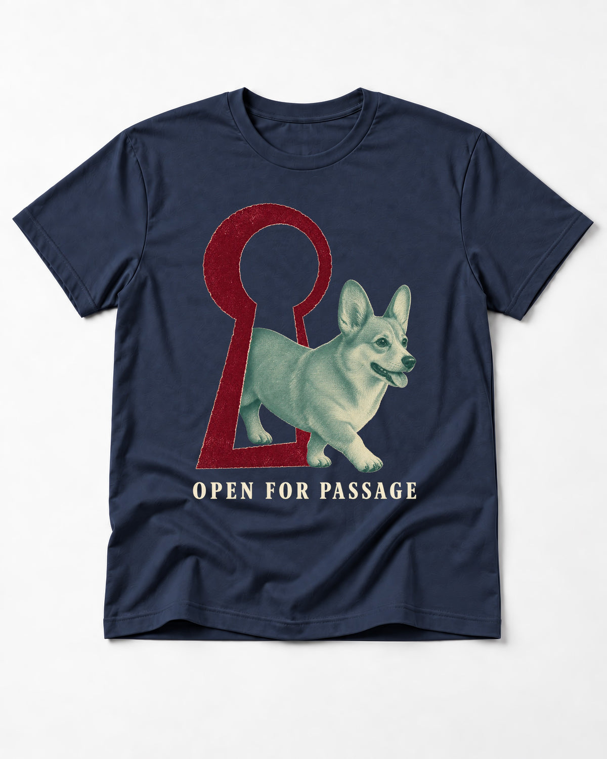 Corgi Open for Passage Keyhole Graphic T-Shirt in Navy, flat lay product photo