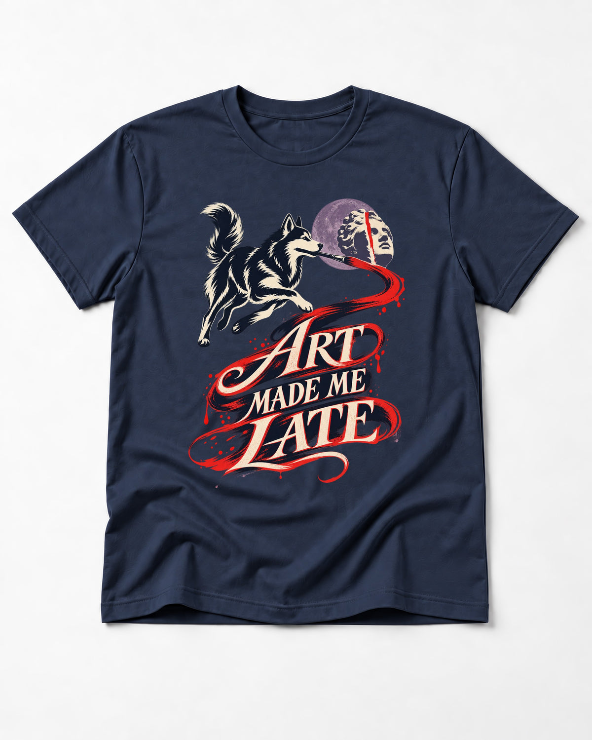 Husky Art Made Me Late Paintbrush Graphic T-Shirt in Navy, flat lay product photo